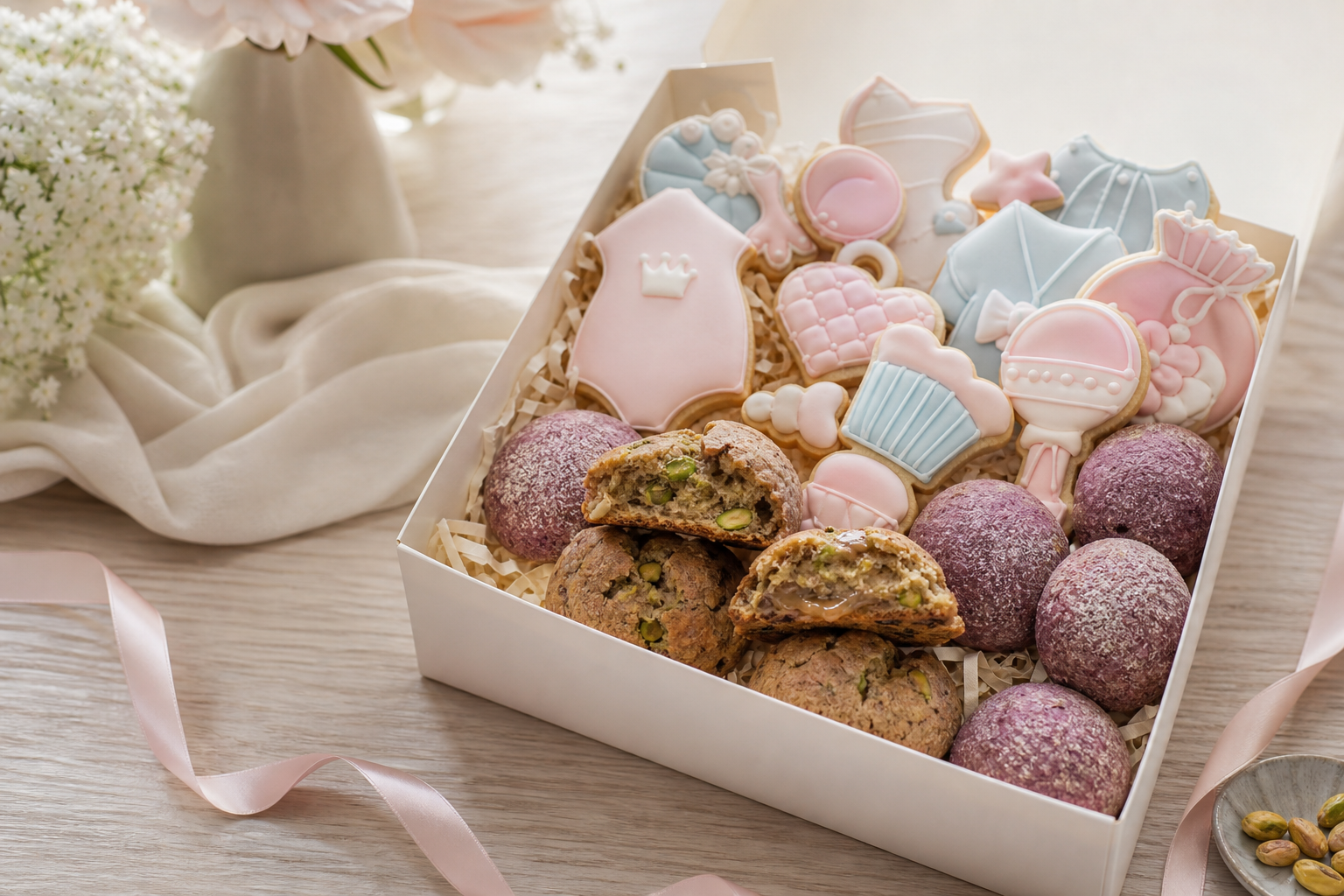 Custom baby shower cookie box with pastel treats, ube pandesal, and chewy cookies from Soft Bakes by KC in Calgary