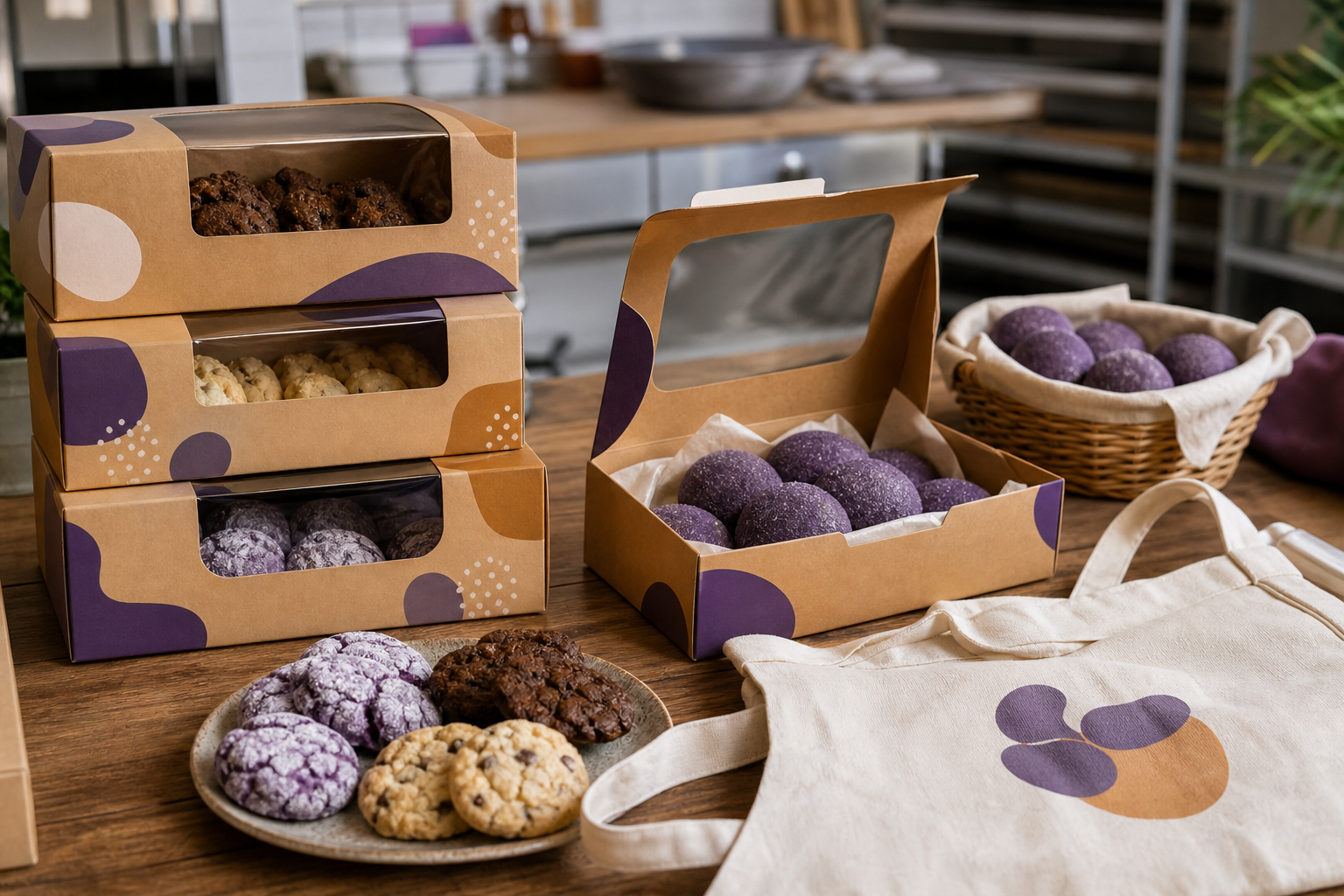 Calgary bakery market prep with cookie boxes, apron, and Soft Bakes treats ready for booth day