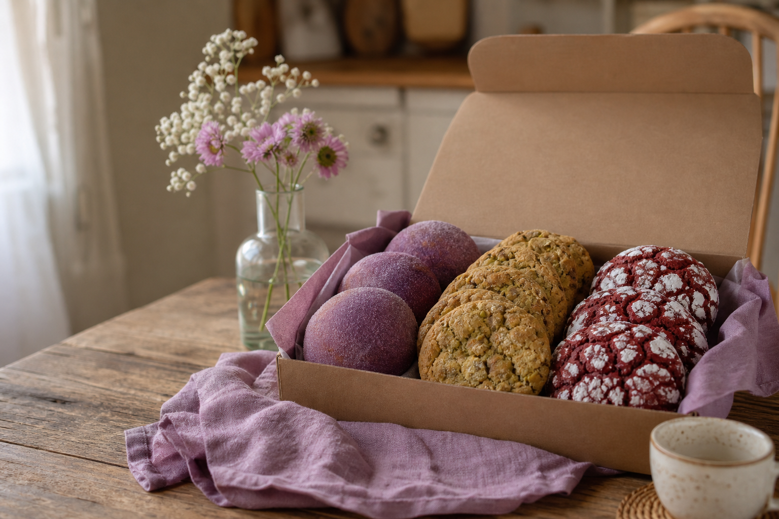 Office thank-you treat box with ube pandesal and Dubai chewy cookies from Soft Bakes by KC in Calgary